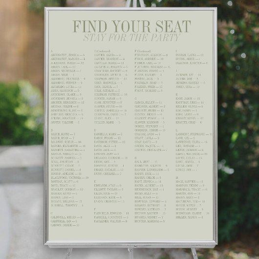 Salbeigrüner alphabetischer Hochzeits-Sitzplan Poster