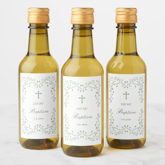 Salbeigrüner Blattrahmen Taufe Klein Weinetikett (Flaschen)