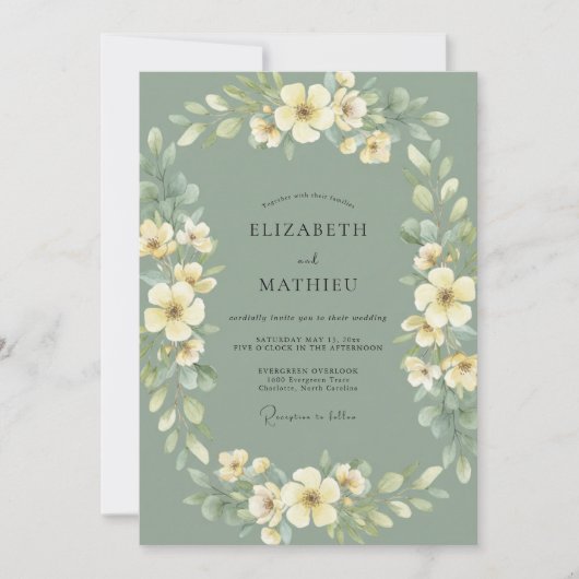 Salbeigrüner Blumenkranz Hochzeit Einladung (Vorderseite)