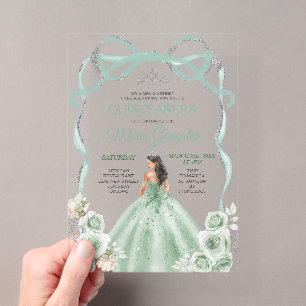 Salbeigrüner Bogen Prinzessin Silberkrone Quinceañ Acryleinladungen