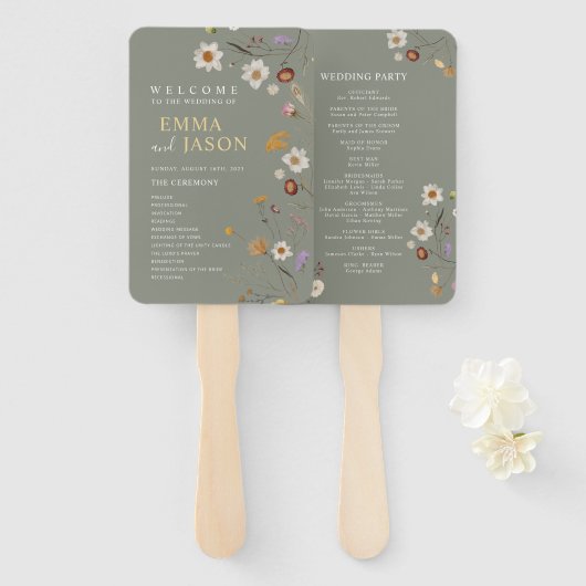 Salbeigrüner Boho-Blumen-Hochzeitsprogramm-Handfäc Fächer (Vorne und Hinten)