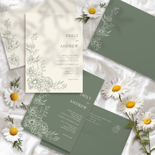 Salbeigrüner Botanischer Gartendaisy-Hochzeit Einladung