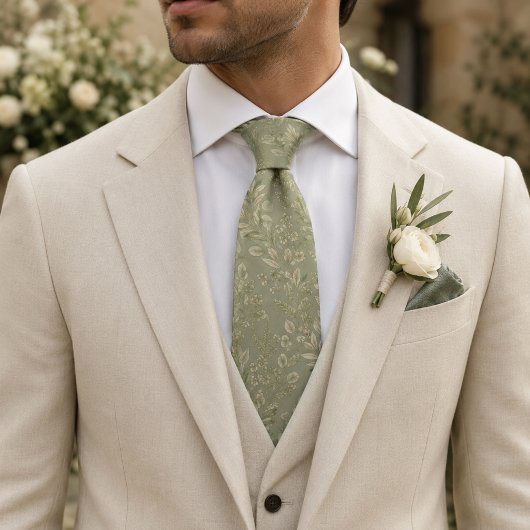 Salbeigrüner Botanischer Jacquard-Hochzeitskrawatt Krawatte