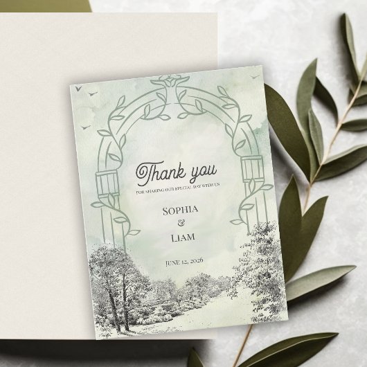 Salbeigrüner Gartenbogen Hochzeits-Dankeschön Postkarte
