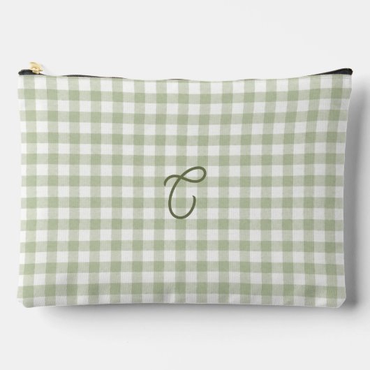 Salbeigrüner Gingham-Monogramm-Makeup-Beutel Zubehörtasche (Vorderseite)
