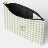 Salbeigrüner Gingham-Monogramm-Makeup-Beutel Zubehörtasche (Offen)