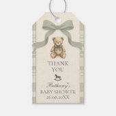 Salbeigrüner Gingham-Teddybär-Baby-Shower Geschenkanhänger (Vorderseite)
