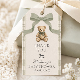 Salbeigrüner Gingham-Teddybär-Baby-Shower Geschenkanhänger