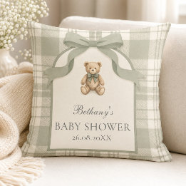 Salbeigrüner Gingham-Teddybär-Baby-Shower Kissen