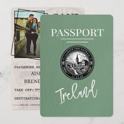 Salbeigrüner Irland Reisepass Save The Date (Vorne/Hinten)