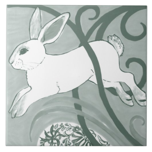 Salbeigrüner Kaninchen Art Deco Hase Muster Einzig Fliese (Vorderseite)