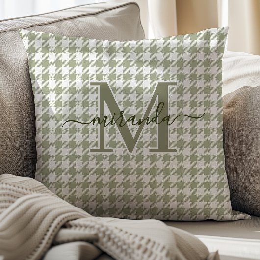 Salbeigrüner karierter Zierkissen mit Monogramm