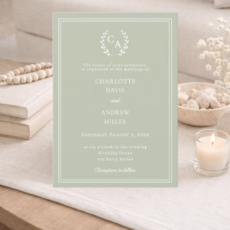 Salbeigrüner Kranz Monogramm einfache Hochzeit Einladung