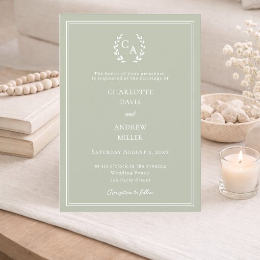Salbeigrüner Kranz Monogramm einfache Hochzeit Einladung