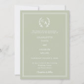 Salbeigrüner Kranz Monogramm einfache Hochzeit Einladung (Vorderseite)