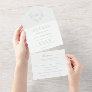 Salbeigrüner Kranz Monogramm Elegante Hochzeit All In One Einladung