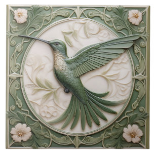 Salbeigrüner Kunstrelief Art Nouveau Kolibri L Fliese