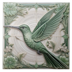 Salbeigrüner Kunststoff-Relief Art Nouveau Kolibri Fliese