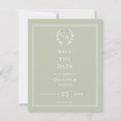 Salbeigrüner Monogramm-Kranz Hochzeit Save the Dat (Vorderseite)