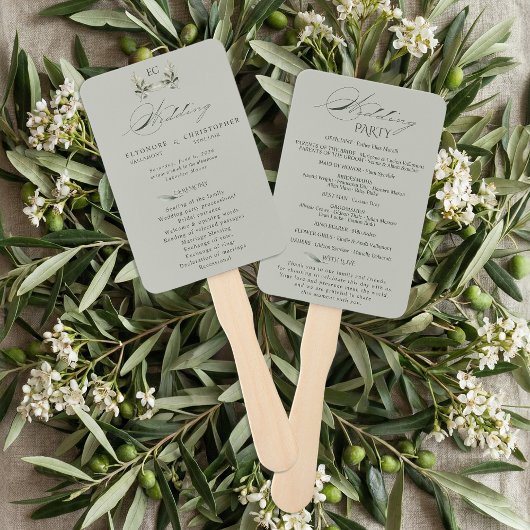 Salbeigrüner Olivenzweig-Monogramm-Hochzeitsprogra Fächer