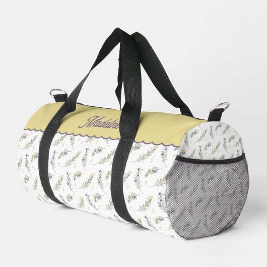 Salbeigrüner Olivenzweig Monogramm Name Duffle Bag (Rechte Ecke)