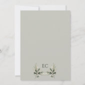 Salbeigrüner Olivenzweig-Monogramm-Tischnummer Einladung (Rückseite)