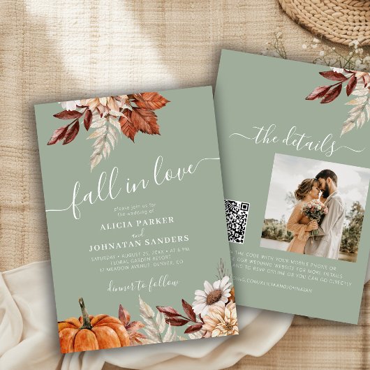 Salbeigrüner QR-Code Fall in Love botanische Hochz Einladung