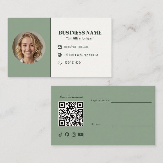 Salbeigrüner QR-Code-Foto-Termin-Esthetikerin Visitenkarte (Vorne/Hinten)
