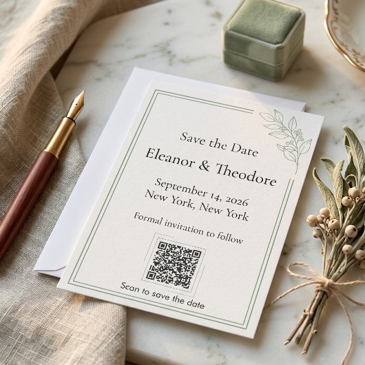 Salbeigrüner Quiet Luxury QR-Code Save-the-Date-Ka Save The Date