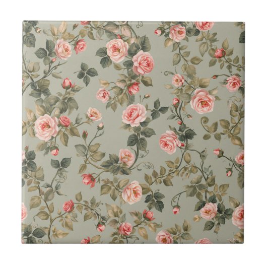 Salbeigrüner Retro-Maximalist-Floral Fliese (Vorderseite)