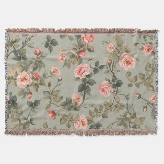 Salbeigrüner Retro-Maximalistischer Blumenstil Decke (Vorderseite)