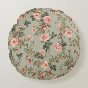 Salbeigrüner Retro-Maximalistischer Blumenstil Rundes Kissen
