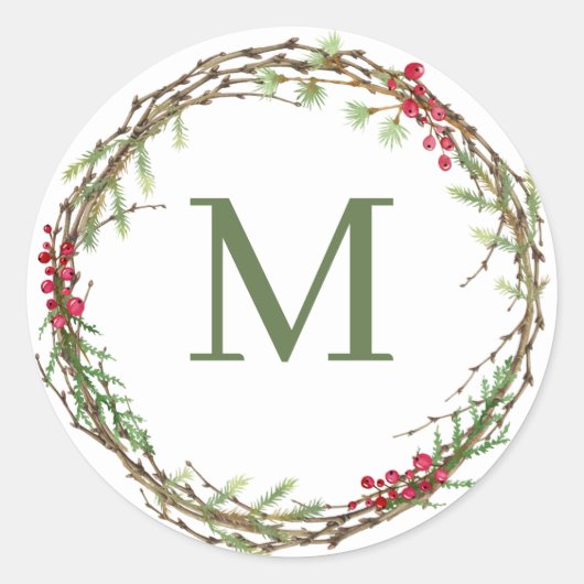 Salbeigrüner Rustikal-Weihnachtskranz-Monogramm Runder Aufkleber (Vorderseite)