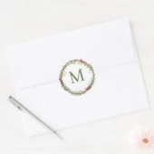 Salbeigrüner Rustikal-Weihnachtskranz-Monogramm Runder Aufkleber (Umschlag)