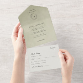 Salbeigrüner Samt, Lorbeerkranz Hochzeit All In One Einladung