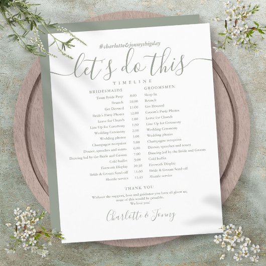 Salbeigrüner Skript-Hochzeitsplan Zeitachse
