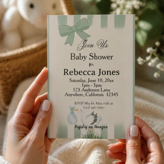 Salbeigrüner Storch-Baby-Party Neutral Einladung