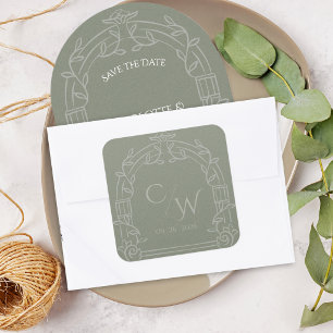 Salbeigrüner verzierter botanischer Hochzeitsumsch Quadratischer Aufkleber