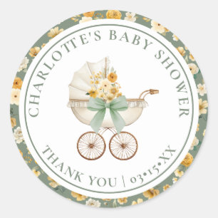 Salbeigrüner Vintage-Kinderwagen-Baby-Shower-Aufkl Runder Aufkleber