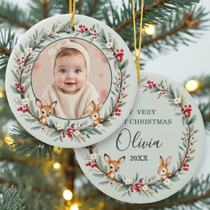 Salbeigrüner Wald Baby Erstes Weihnachtsfoto Keramik Ornament