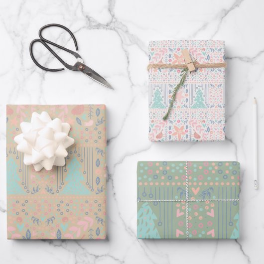 Salbeigrüner weicher neutraler Weihnachtsbaum Geschenkpapier Set (Vorderseite)