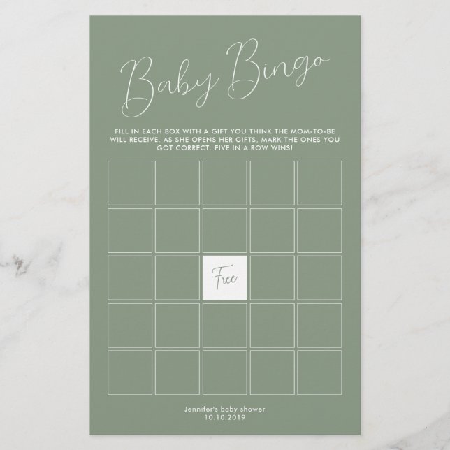 Salbeigrünes Babyshower-Bingo-Spiel (Vorderseite)