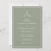 Salbeigrünes Blatt-Monogramm QR-Code Hochzeit Einladung (Vorderseite)