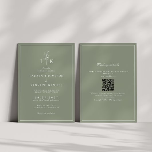 Salbeigrünes Blatt-Monogramm QR-Code Hochzeit Einladung