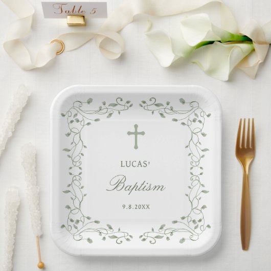 Salbeigrünes Blattwerk Rahmen Taufe Pappteller (Hochzeit)