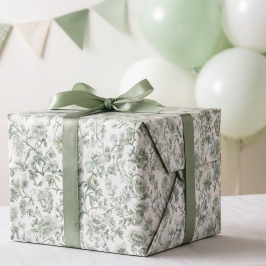 Salbeigrünes Blumen-Vintage-Toile-Muster Geschenkpapier