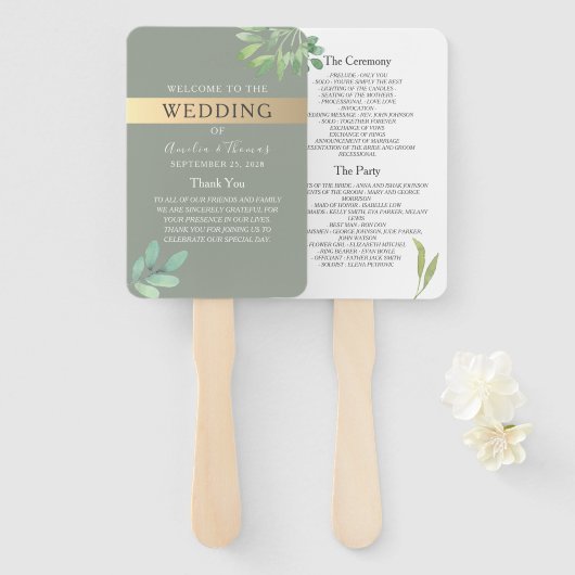 Salbeigrünes botanisches Hochzeitsprogramm Fächer (Vorne und Hinten)