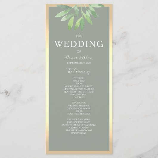 Salbeigrünes Botanisches Hochzeitsprogramm Programm (Vorderseite)