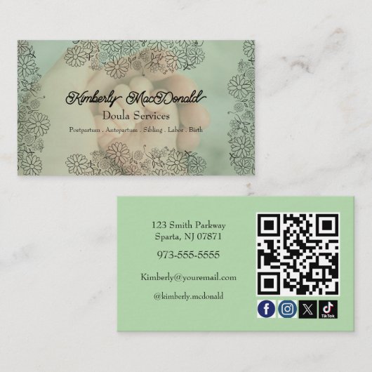 Salbeigrünes Doula-Script-Social-Icon-QR-Code-Foto Visitenkarte (Vorne/Hinten)