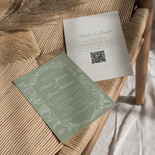 Salbeigrünes Florales Boho Botanisches QR-Code Hoc Einladung